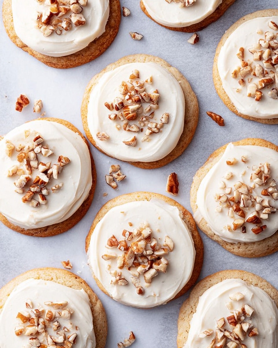 The image shows nine round cookies arranged closely on white parchment paper, placed on a white marbled surface. Each cookie has two visible layers: the base is a golden brown baked dough with a slightly rough texture and uneven edges, and on top is a thick, smooth layer of creamy white frosting spread in a circular shape. Sprinkled evenly over the frosting are small, chopped brown nuts, adding a crunchy texture and color contrast. A few nut pieces are scattered on the parchment paper around the cookies. The photo taken with an iphone --ar 4:5 --v 7