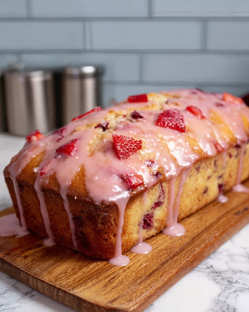 A rectangular loaf cake sits on a wooden board over a white marbled surface. The cake has a golden-brown crust with a soft, light yellow interior visible in some spots, speckled with dark red pieces inside. The top is coated with a glossy, pink glaze that drips down the sides and pools slightly on the board. Small chunks of red fruit, likely strawberries, are embedded in the glaze and scattered on the cake’s surface. The background is a light gray brick wall with two metal containers blurred out. photo taken with an iphone --ar 4:5 --v 7