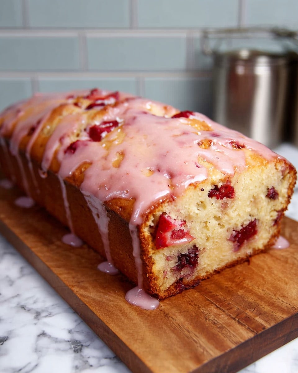 A thick, square cake loaf with a golden-brown crust sits on a wooden board over a white marbled surface. The cake has visible layer-like swirls running horizontally near the bottom, showing a darker filling inside. On top, a glossy pink glaze drips down the sides, mixing with pieces of bright red strawberries embedded in the glaze and batter. The texture of the cake looks soft and moist, with the glaze creating a shiny, slightly sticky finish. photo taken with an iphone --ar 4:5 --v 7