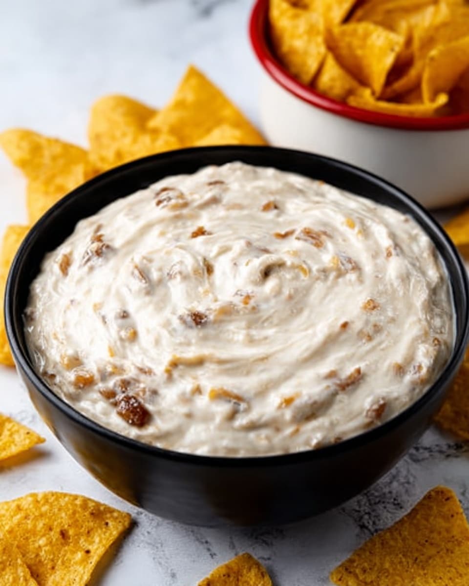 The image shows a black bowl filled with creamy white dip that has small brown chunks mixed inside. The dip has a smooth, swirled texture on the top, with visible pieces spread evenly throughout. The black bowl sits on a white marbled surface, and around it are scattered yellow tortilla chips. In the background, a white bowl with a red outside holds more tortilla chips. photo taken with an iphone --ar 4:5 --v 7