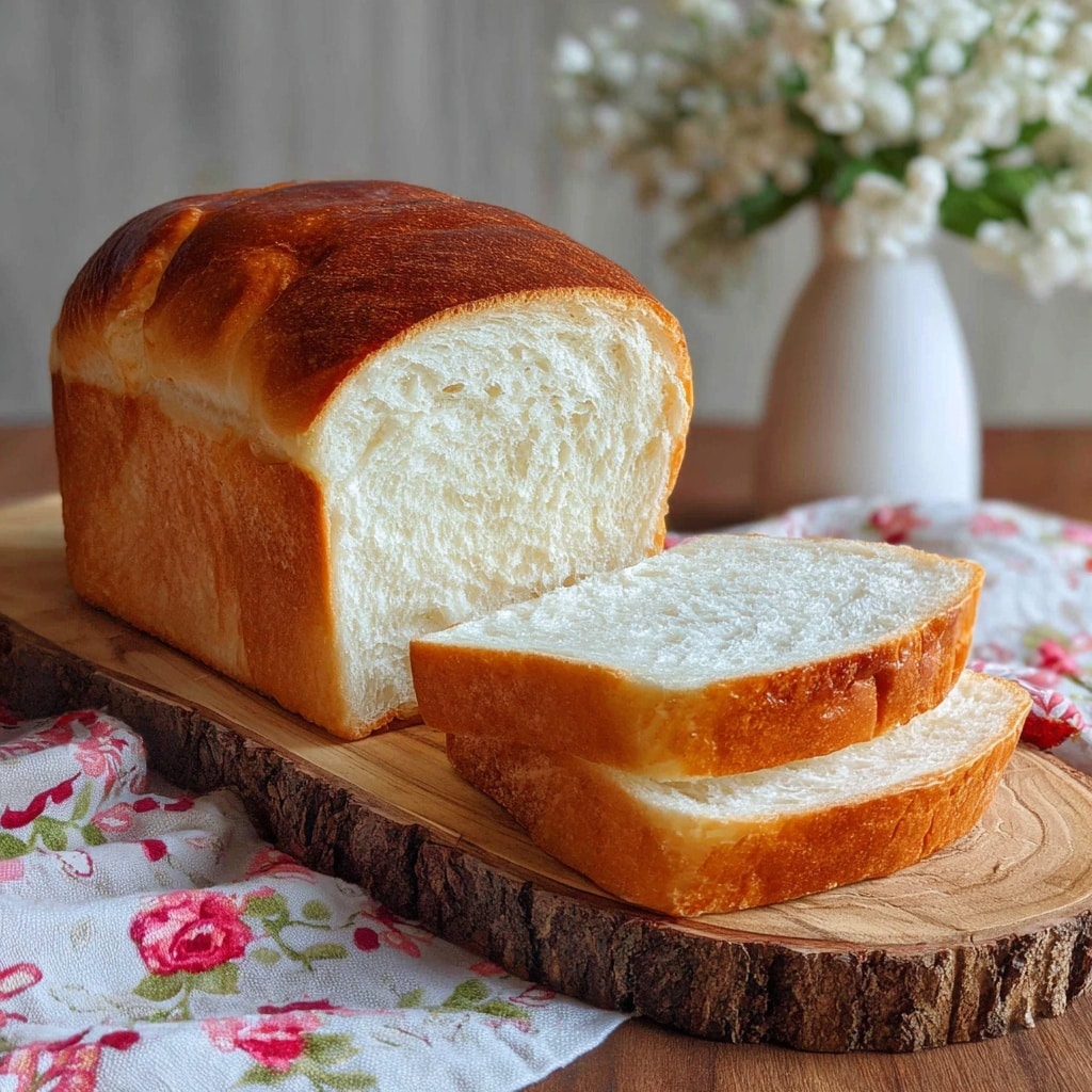 A loaf of bread with a thick golden-brown crust on top and softer lighter sides sits on a wooden board with visible bark edges, showing natural wood grain. The bread is sliced, revealing two large thick pieces with a fluffy, white, airy inside texture. The edges of the slices are a warm golden brown, shifting into a soft cream-colored interior. Around the board, there is a white cloth with red and pink floral prints, and behind it, some white flowers in a white vase against a simple background. Photo taken with an iphone --ar 4:5 --v 7