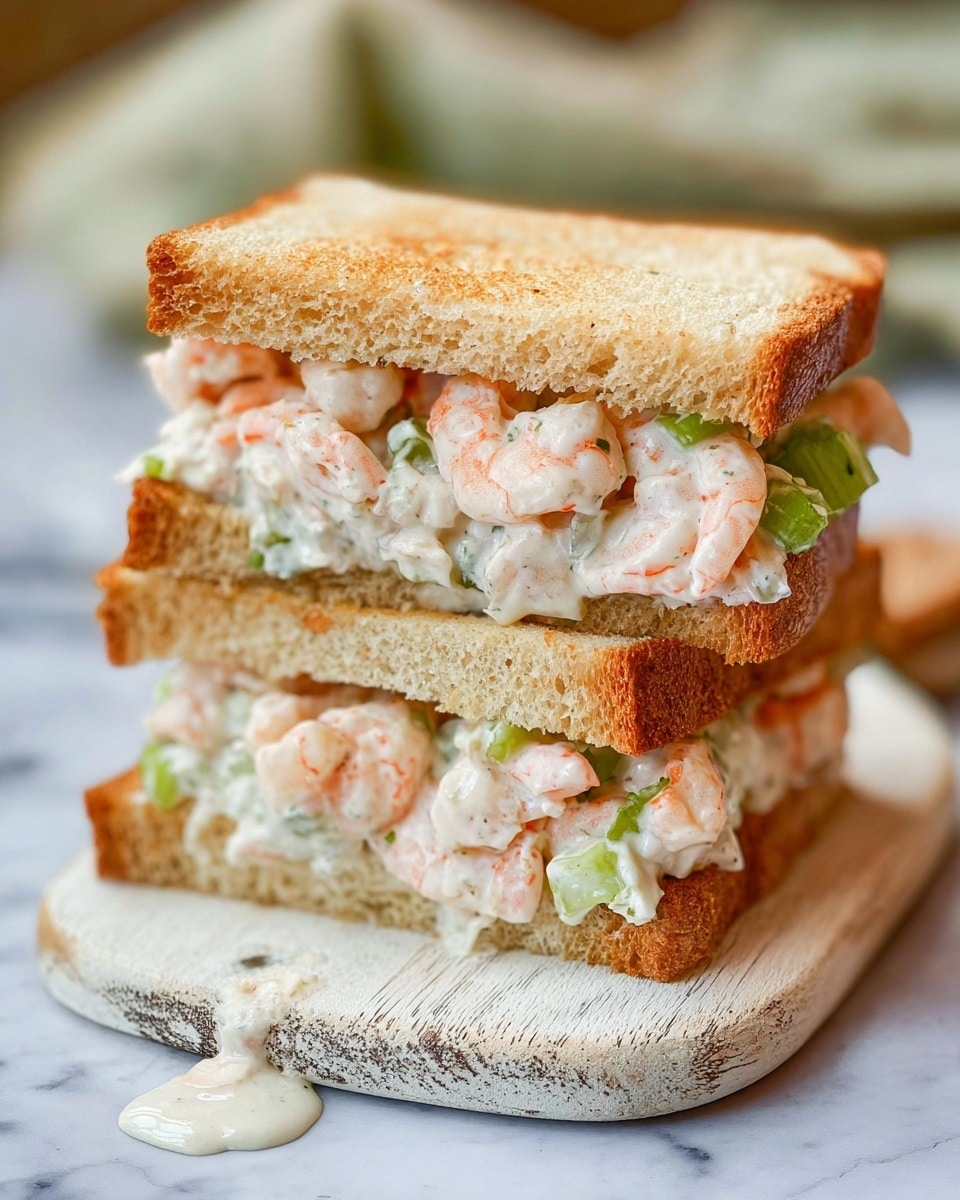 A close-up view of a shrimp sandwich cut diagonally in half and stacked on a white wooden board, showing three layers: the top and bottom layers are light golden toasted bread with a rough texture, while the middle layer contains plump, pink and white shrimp mixed with creamy white sauce and small pieces of light green celery, giving a creamy and chunky look. The sandwich is placed on a white marbled surface with a soft focus background, and a small amount of the creamy sauce is visible dripping slightly from the bottom layer. Photo taken with an iphone --ar 4:5 --v 7