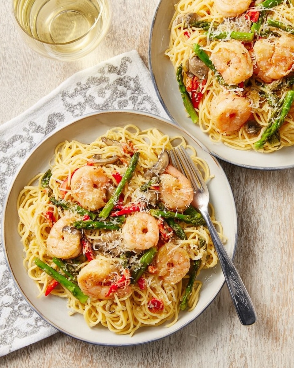 Two plates of shrimp pasta are shown on a white marbled textured surface. Each white plate holds a layer of light yellow spaghetti noodles topped with large, pink cooked shrimp, green asparagus pieces, and small red bell pepper pieces. There are light brown bits of mushrooms mixed throughout and a sprinkle of light tan grated cheese on top. One plate is fully visible on the right side of the image, with a silver fork placed on the right edge of the plate. The other plate is partially visible on the left, placed on a folded white patterned napkin with the fork resting beside it. A glass of pale yellow liquid is visible just above the right plate. Photo taken with an iphone --ar 4:5 --v 7