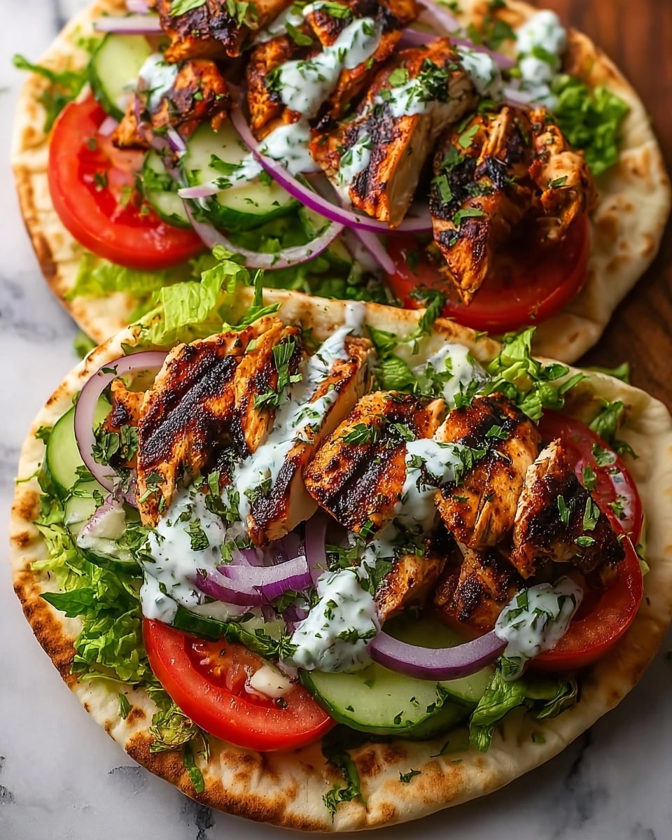 Three grilled chicken pita sandwiches are placed in a row on a wooden board over a white marbled texture. Each sandwich has a soft, slightly browned pita base topped with a bottom layer of sliced green cucumber and thinly sliced red onion, followed by a layer of bright red tomato slices. On top of that are thick pieces of grilled chicken with char marks, garnished with chopped fresh green herbs. A dollop of creamy white sauce with green herb specks runs along the top of the chicken on each sandwich. photo taken with an iphone --ar 4:5 --v 7