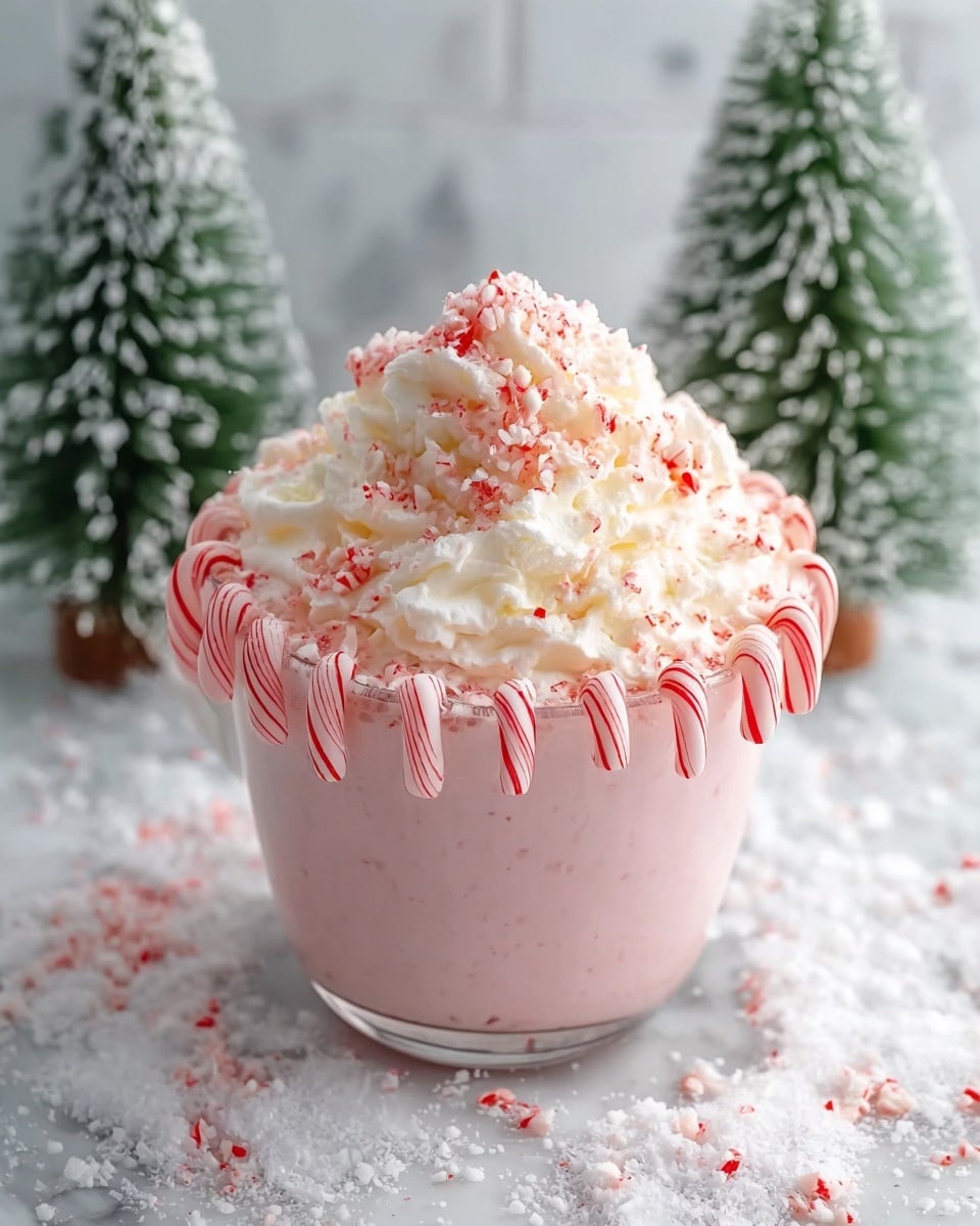 A clear glass bowl filled with a pale pink creamy drink, decorated around the rim with small red and white candy canes hanging down evenly. On top of the drink, there is a large scoop of white vanilla ice cream with crushed candy cane pieces sprinkled over it, adding texture and red specks. The bowl sits on a white marbled surface with some white snow-like powder scattered around. In the background, there are two small green Christmas trees covered in fake white snow. photo taken with an iphone --ar 4:5 --v 7