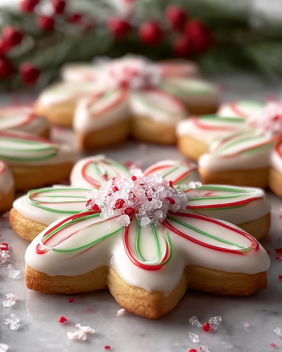 A close-up view of a flower-shaped sugar cookie with two layers: the bottom layer is light golden-brown cookie dough, and the top layer is smooth, white icing shaped like petals with six segments. Each petal is decorated with red and green thin icing lines running from the center outward. The center of the cookie has a cluster of white sugar crystals mixed with tiny red sprinkles. More similar decorated cookies are blurred in the background, sitting on a white marbled surface with some red and white sprinkles scattered around. The blurred background includes green leaves and bright red berries giving a festive feel. photo taken with an iphone --ar 4:5 --v 7