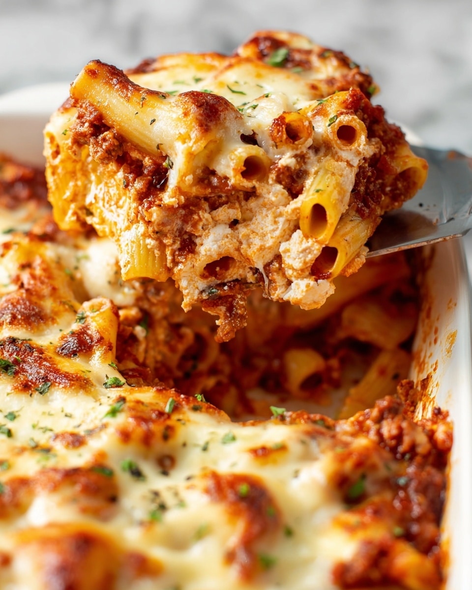 A close-up of a baked pasta dish lifted out of a white baking dish with a spatula, showing three main layers: the bottom layer is cooked tube pasta in a rich red tomato and meat sauce with a slightly chunky texture; the middle layer is a mix of melted ricotta and mozzarella cheese, creamy and spread evenly; the top layer is golden-brown melted mozzarella cheese with slightly crispy edges and some browned spots, sprinkled with small green herb bits. The pasta is thick and coated well with sauce, the cheese is gooey and stretchy, and the overall dish looks warm and cheesy. The background is a white marbled texture. photo taken with an iphone --ar 4:5 --v 7