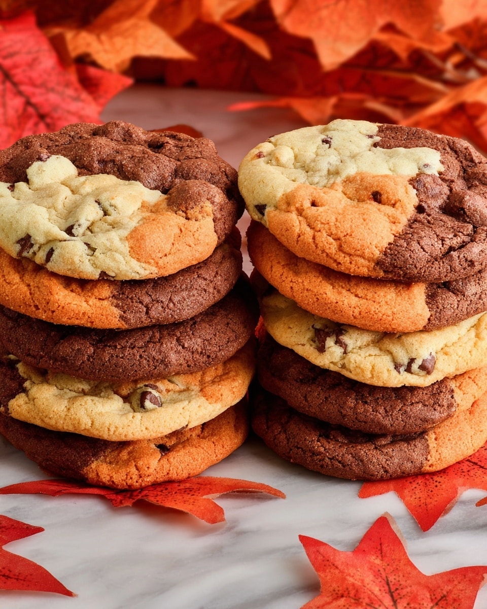 Two stacks of large, patchy tri-color cookies sit on a white marbled surface with red and orange autumn leaves around them. Each cookie is flat and soft-looking, made up of three uneven color parts: light beige, orange, and chocolate brown, with visible chocolate chunks scattered throughout. Each stack has about five cookies, layered evenly with slightly uneven edges, showing the mixed colors clearly. The warm colors of the cookies and leaves create a cozy fall feeling. Photo taken with an iphone --ar 4:5 --v 7