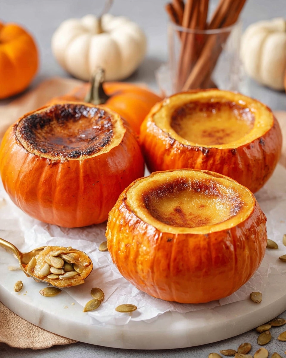 Three small round pumpkins with bright orange outer shells are hollowed out and filled with smooth, golden pumpkin custard topped with a caramelized, slightly burnt sugar crust. One pumpkin has its lid, a matching orange pumpkin top with a greenish stem, resting slightly tilted on it. The custard inside is creamy with a rich yellow-orange hue and a shiny, crunchy top layer. The pumpkins sit on a white marbled round tray lined with white parchment paper, scattered with a few pale pumpkin seeds. A gold spoon holds a scoop of the custard with a caramelized top near the front pumpkin. In the background, a few cinnamon sticks and nuts are slightly out of focus. Photo taken with an iphone --ar 4:5 --v 7