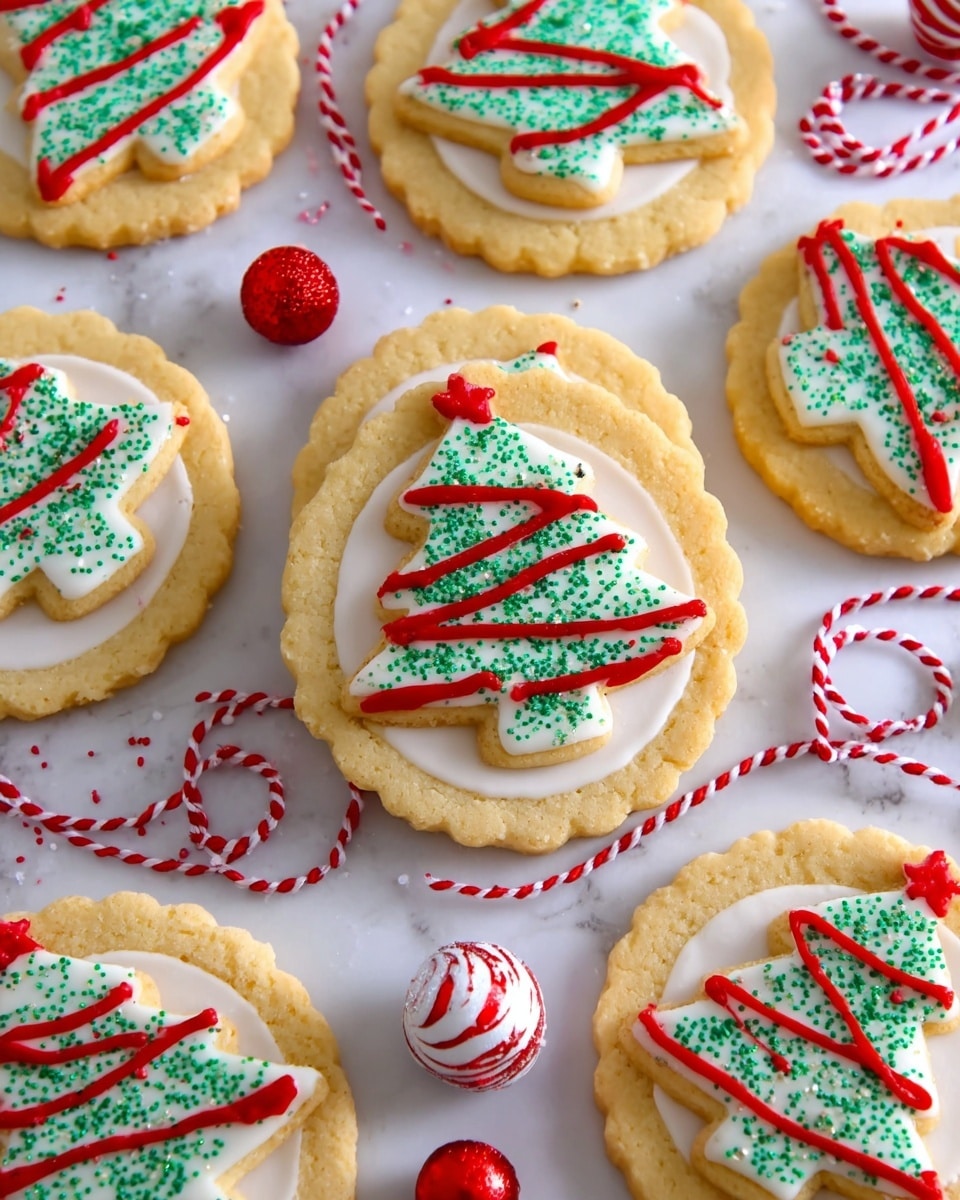A close-up of a woman's hand holding a small Christmas tree-shaped sugar cookie with smooth white icing covering the entire top surface. The icing is decorated with thin, wavy red lines running horizontally across the tree and sprinkled with small green sugar bits evenly spread out. In the blurred background, there are round white cookies with scalloped edges, each featuring a Christmas tree cutout filled with matching white and decorated icing, along with shiny red and white Christmas ornaments. The cookies rest on a white marbled texture surface. photo taken with an iphone --ar 4:5 --v 7