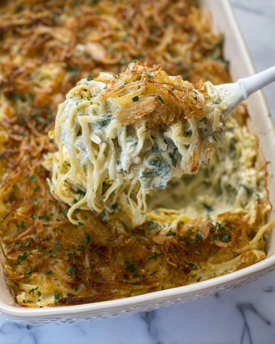 A white oval baking dish holds a creamy casserole with three visible layers. The bottom layer is pale and textured, with shredded ingredients peeking through the sides. The middle layer is smooth and white, appearing creamy and soft. The top layer consists of crispy, golden-brown fried onions scattered unevenly, sprinkled with small green herb flakes for color contrast. The dish looks baked with slight golden edges. It sits on a white marbled surface with a striped cloth partially visible in the background. photo taken with an iphone --ar 4:5 --v 7