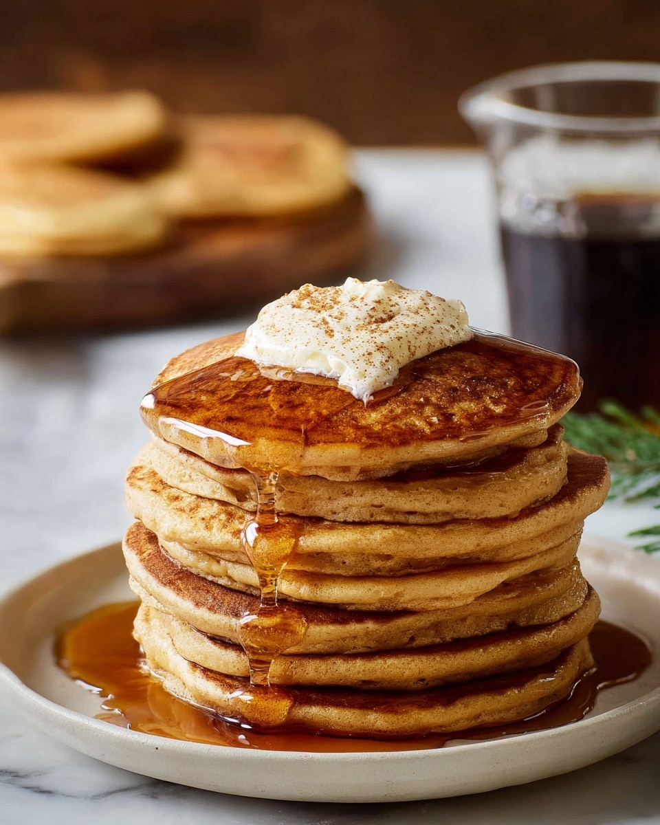 A stack of seven golden-brown pancakes sits on a white plate with warm syrup dripping down the sides. On top of the pancakes, a melting pat of light brown butter with specks of cinnamon slowly blends into the syrup, creating a shiny texture. In the background, a glass of dark syrup and blurred extra pancakes are visible, all set against a white marbled surface. photo taken with an iphone --ar 4:5 --v 7