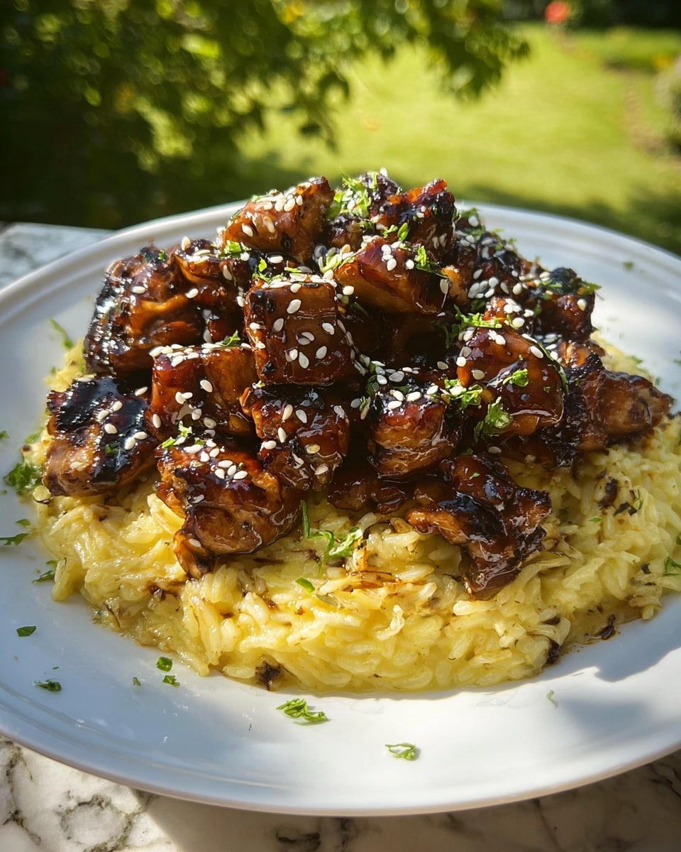 A white plate holds a two-layered dish with the bottom layer of creamy yellow rice, slightly oily and clumped together, covering the whole base. The top layer is a generous pile of dark brown, glossy grilled chicken pieces, charred in spots, sprinkled with white sesame seeds and small green herb flakes for garnish. The plate is set against a soft green outdoor background and rests on a white marbled surface, with sunlight adding a warm glow. Photo taken with an iphone --ar 4:5 --v 7