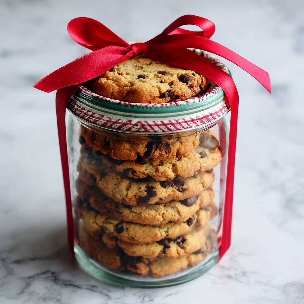 A clear glass jar filled tightly with many chunky chocolate chip cookies stacked vertically inside, showing a mix of golden-brown dough and dark chocolate chips throughout the layers, topped with a bright red ribbon tied neatly in a bow around the jar’s green and white lid, all set against a white marbled texture background. photo taken with an iphone --ar 4:5 --v 7