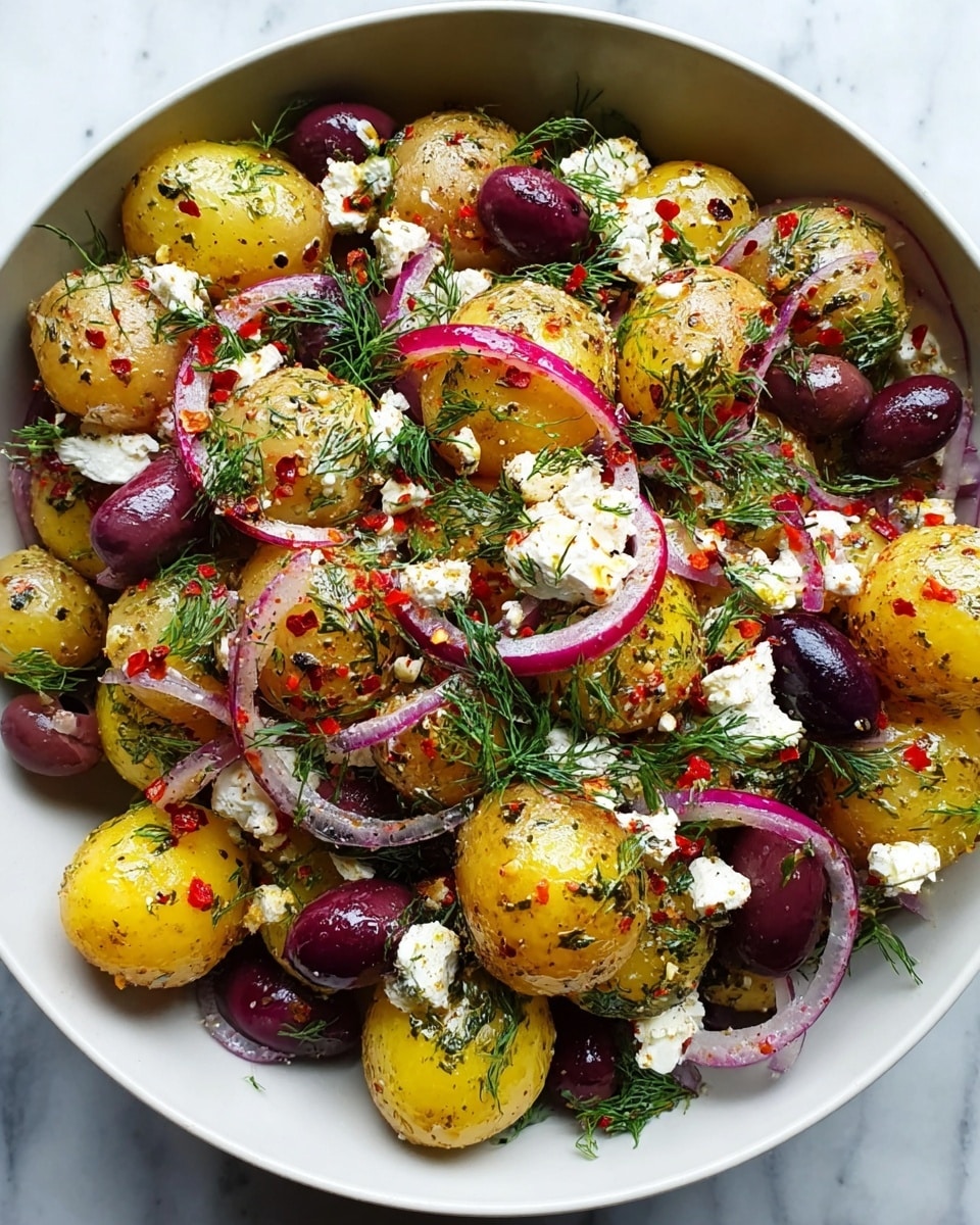The dish is a colorful salad in a white speckled bowl on a white marbled surface, filled with about three main layers: the base layer shows golden and yellow baby potatoes, some cut in half revealing smooth, soft inside, with a light roasted look; the middle layer includes thin, curved slices of red onion and dark purple Kalamata olives scattered evenly; the top layer is sprinkled with small white crumbles of feta cheese and fresh green dill, along with visible crushed red pepper flakes adding bright red spots, creating a fresh and vibrant texture mix. photo taken with an iphone --ar 4:5 --v 7