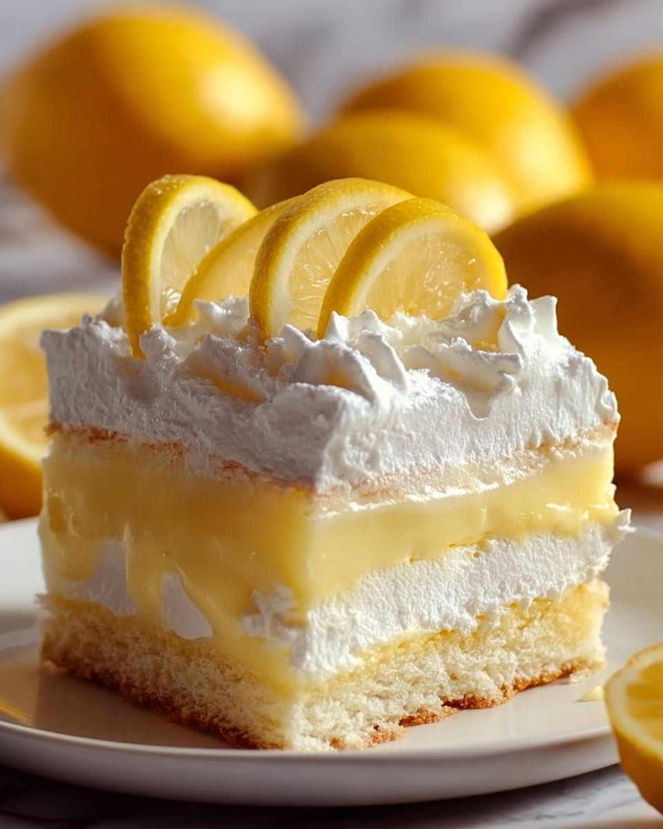 A square slice of lemon cream dessert sits on a white plate, showing three layers: the bottom layer is a light, airy cake with a pale yellow tone; the middle layer is a smooth, bright yellow lemon cream; and the top layer is a thick, fluffy white whipped cream with soft peaks. On top, there are three thin, round slices of lemon placed as decoration, adding a fresh yellow accent. The background is a white marbled texture with blurred lemons in a wooden bowl. Photo taken with an iphone --ar 4:5 --v 7