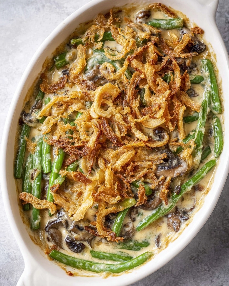 A close-up view of a creamy green bean casserole in a white bowl, showing three main layers: the bottom layer has green beans in a thick, pale, creamy sauce mixed with pieces of mushrooms, the middle layer is the green beans coated in the sauce, and the top layer is golden, crispy fried onions scattered evenly over the casserole, adding texture and color contrast. The steam rising from the dish suggests it is hot, and a silver spoon is scooping out some of the creamy green beans and fried onions. The bowl sits on a white marbled surface. photo taken with an iphone --ar 4:5 --v 7