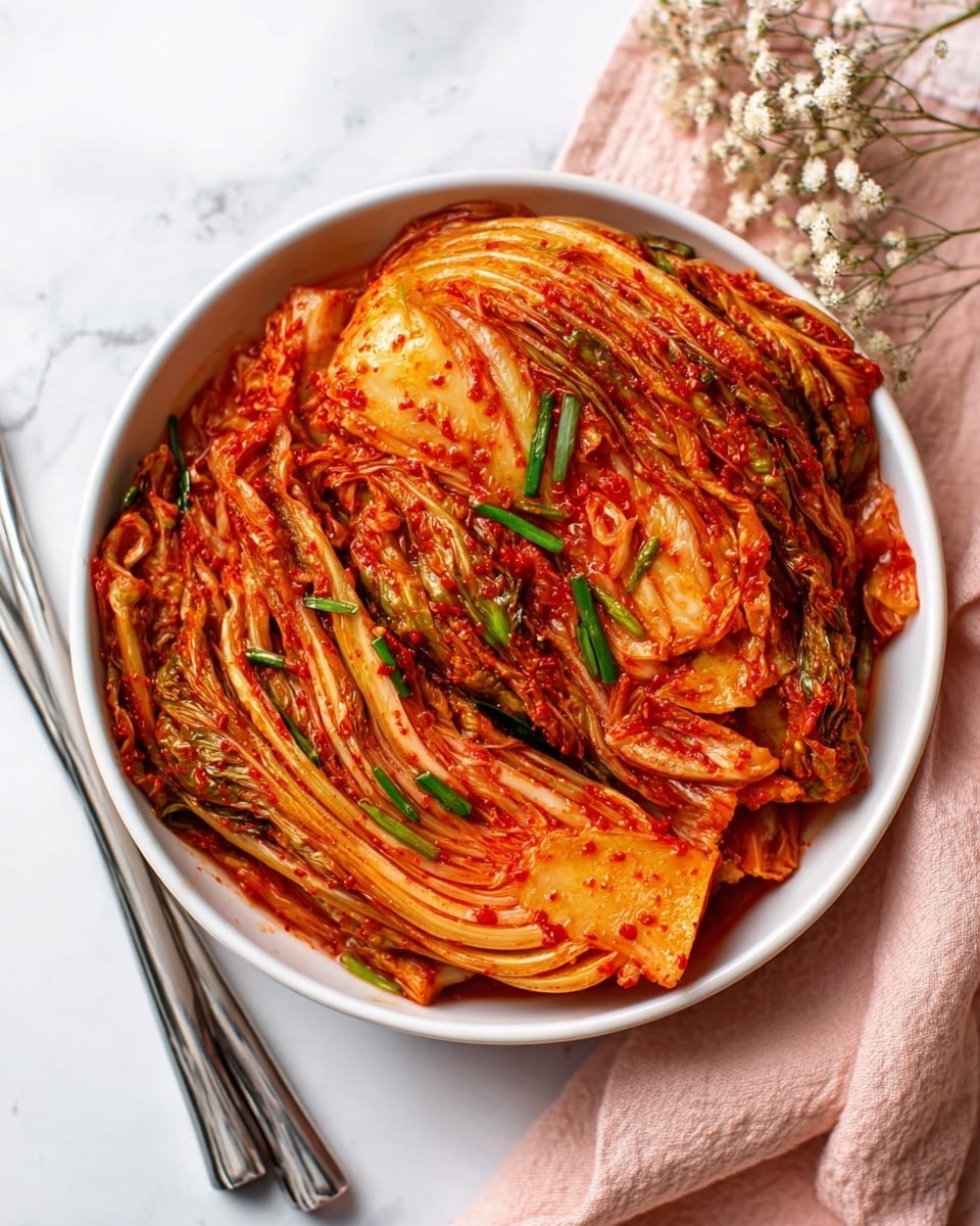 A white round bowl filled with well-arranged kimchi showing several layers of napa cabbage leaves covered in bright red chili sauce, with visible green scallion pieces sprinkled on top. The texture looks wet and slightly glossy from the sauce, and the cabbage layers are folded and overlapping, creating a fan-like shape in the bowl. Next to the bowl, there is a pair of silver chopsticks resting on the surface, which is a white marbled texture. A pale pink cloth is partially seen near the bowl in the background. Photo taken with an iphone --ar 4:5 --v 7
