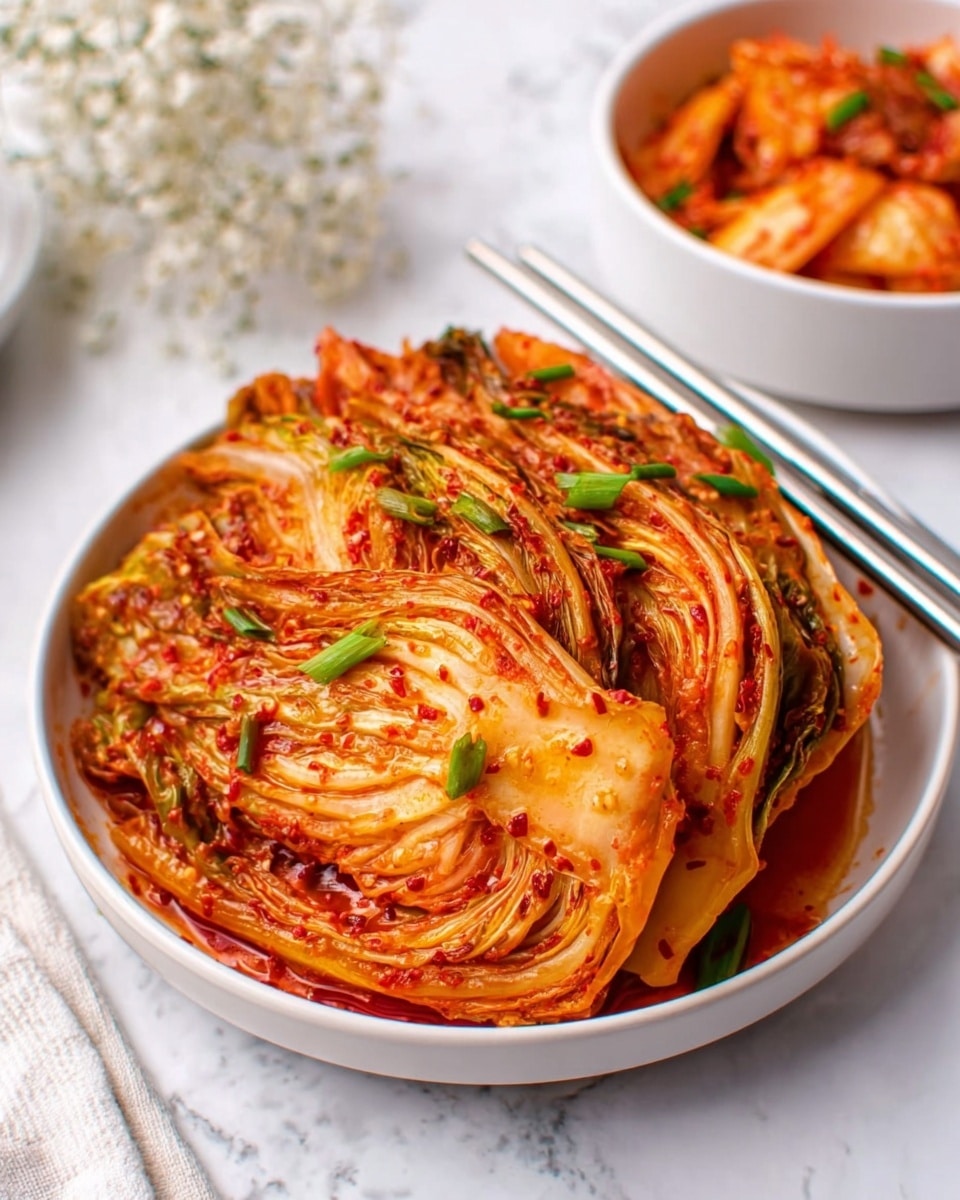 The image shows a white bowl filled with several kimchi cabbage leaves arranged in layers, each leaf coated in a bright red spicy sauce with visible bits of chili flakes and small green onion pieces scattered on top. The kimchi layers have a mix of orange, red, and pale cream colors, with a glossy, wet texture indicating the sauce. The bowl sits on a white marbled surface with a stainless steel pair of chopsticks resting on the edge of the bowl. In the background, there is a white bowl of more kimchi, blurred slightly to keep focus on the main dish. Photo taken with an iphone --ar 4:5 --v 7