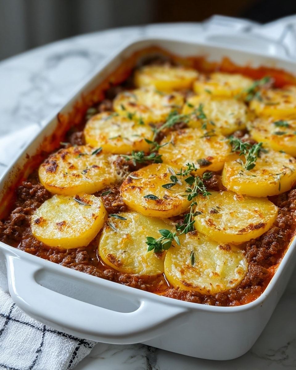 A close-up image of a baked dish in a white ceramic baking dish featuring two main layers. The bottom layer is a rich, chunky brown meat sauce spread evenly across the dish with some tomato red sauce visible around the edges. The top layer consists of thick golden yellow potato slices arranged tightly in neat rows, with melted cheese slightly browned and bubbling on top of each slice. Fresh green herbs, likely thyme, are scattered generously over the potatoes, adding color contrast. The dish sits on a white marbled surface. photo taken with an iphone --ar 4:5 --v 7
