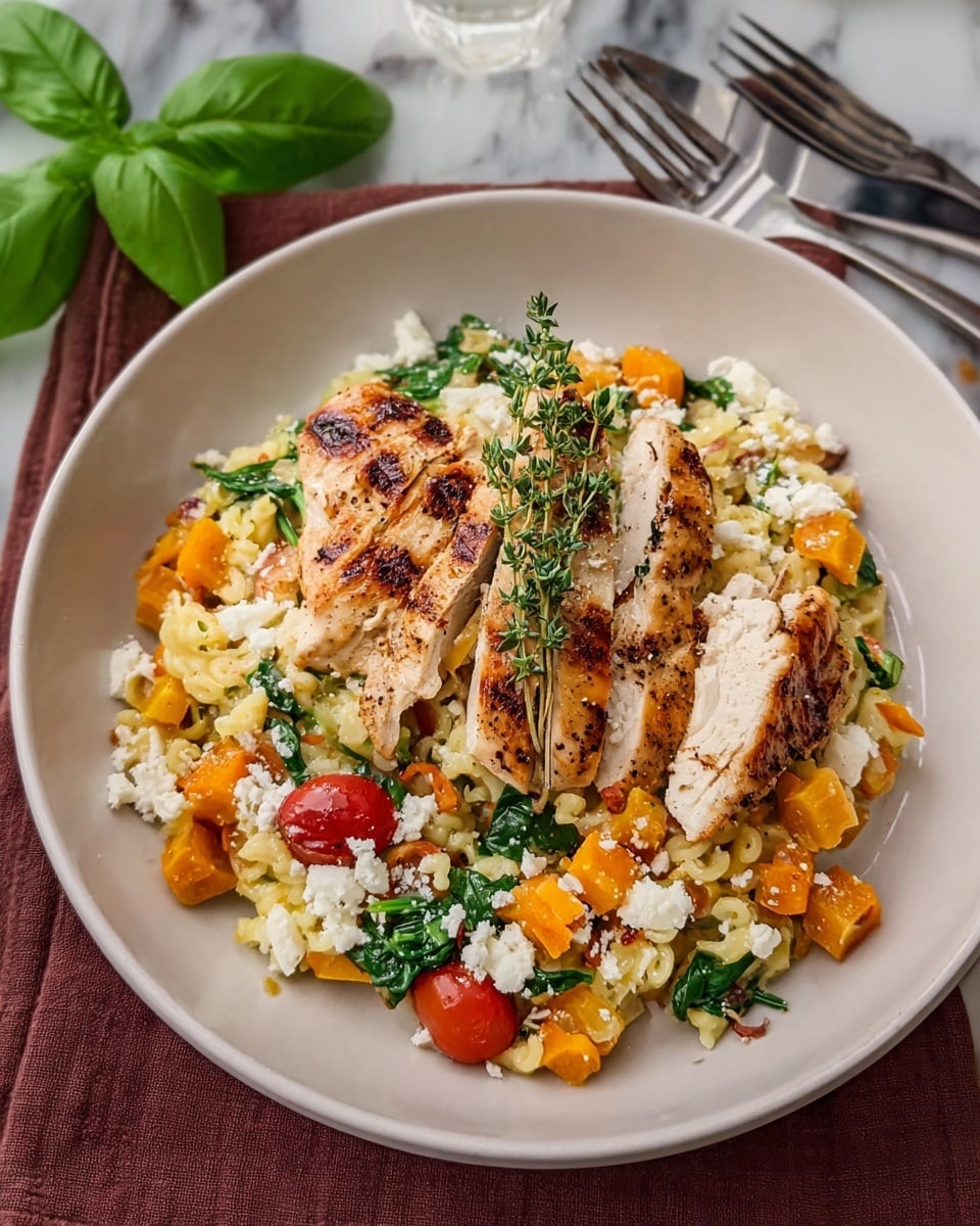 A white plate holds a layered dish starting with a base of small, pale yellow pasta mixed with green spinach, orange squash cubes, and halved red cherry tomatoes. On top of the pasta are two thick slices of grilled chicken breast, light brown with grill marks and a slightly charred texture. Small white cheese dollops and finely grated cheese are scattered over the pasta, adding texture. A sprig of thyme rests on the chicken, with a fresh green basil leaf placed nearby. The background is a white marbled texture with a fork and knife beside the plate, and some fresh herbs and a small bowl of salt and pepper visible in the background. Photo taken with an iphone --ar 4:5 --v 7