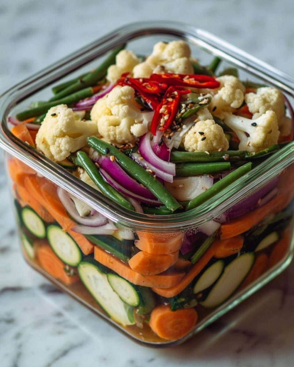 The image shows a glass container filled with layers of colorful pickled vegetables on a white marbled surface. The bottom layer has sliced green zucchini with dark seeds visible, followed by a mix of orange carrot slices and small yellow round mustard seeds. On top of these, there are thinly sliced rings of purple onion and bright red pepper strips. Large white cauliflower florets are scattered across the top, with long green beans placed among them. Red chili flakes are sprinkled lightly over the vegetables, adding a pop of red. The glass container is clear, showing the various textures and colors of the pickled vegetables inside. Photo taken with an iphone --ar 4:5 --v 7