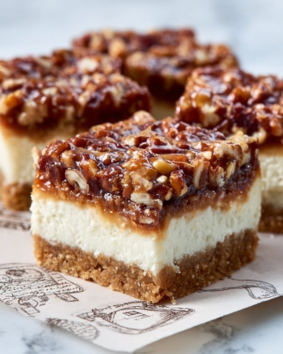The image shows a close-up of a square dessert bar with three clear layers. The bottom layer is a crumbly, light brown crust with a rough texture. Above it is a thick white creamy layer, smooth and dense. The top layer is a rich, dark brown caramel with visible chopped nuts sprinkled evenly, giving it a crunchy look. The bars are placed on a strip of beige paper with printed designs, resting on a white marbled surface. Photo taken with an iphone --ar 4:5 --v 7