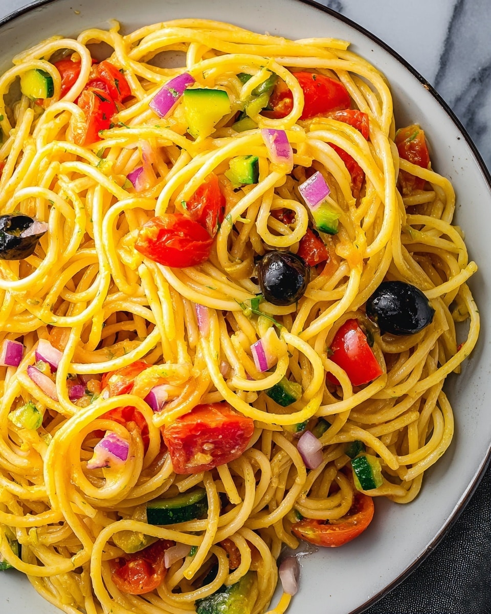 The image shows a bowl full of spaghetti pasta mixed with colorful vegetables. The bottom layer consists of shiny, light yellow spaghetti with a smooth texture. Scattered throughout the pasta are small chunks of green zucchini, halved bright red cherry tomatoes, and pieces of finely chopped light purple onion. There are also sliced black olives adding a dark contrast. The bowl is white with a textured pattern on the outside. The whole setting is on a white marbled surface, and a silver spoon is partially visible on the lower right side of the bowl. photo taken with an iphone --ar 4:5 --v 7