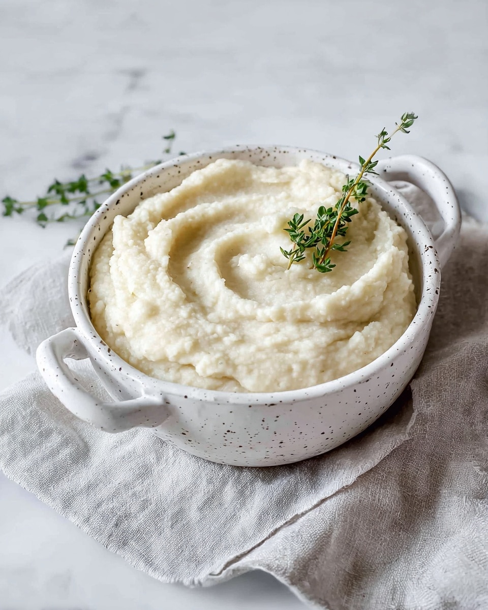 A bowl filled with one thick layer of creamy, slightly textured mashed cauliflower colored pale off-white, with gentle swirled peaks across its surface. A small sprig of fresh green thyme rests on top near the edge, adding a touch of color. The bowl is white with black speckles and has two small handles, sitting on a soft light grey cloth on a white marbled surface. Photo taken with an iphone --ar 4:5 --v 7