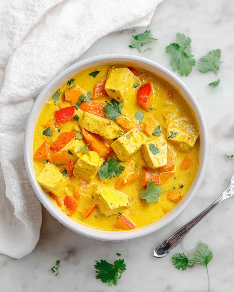 A white bowl filled with creamy yellow curry sauce with visible chunks of light yellow tofu and bright orange-red bell pepper pieces. The curry has a smooth texture with small herbs scattered inside, topped with green cilantro leaves. The bowl is placed on a white marbled surface with loose cilantro leaves around it and a white spoon on the side. A white cloth is partly seen behind the bowl. photo taken with an iphone --ar 4:5 --v 7