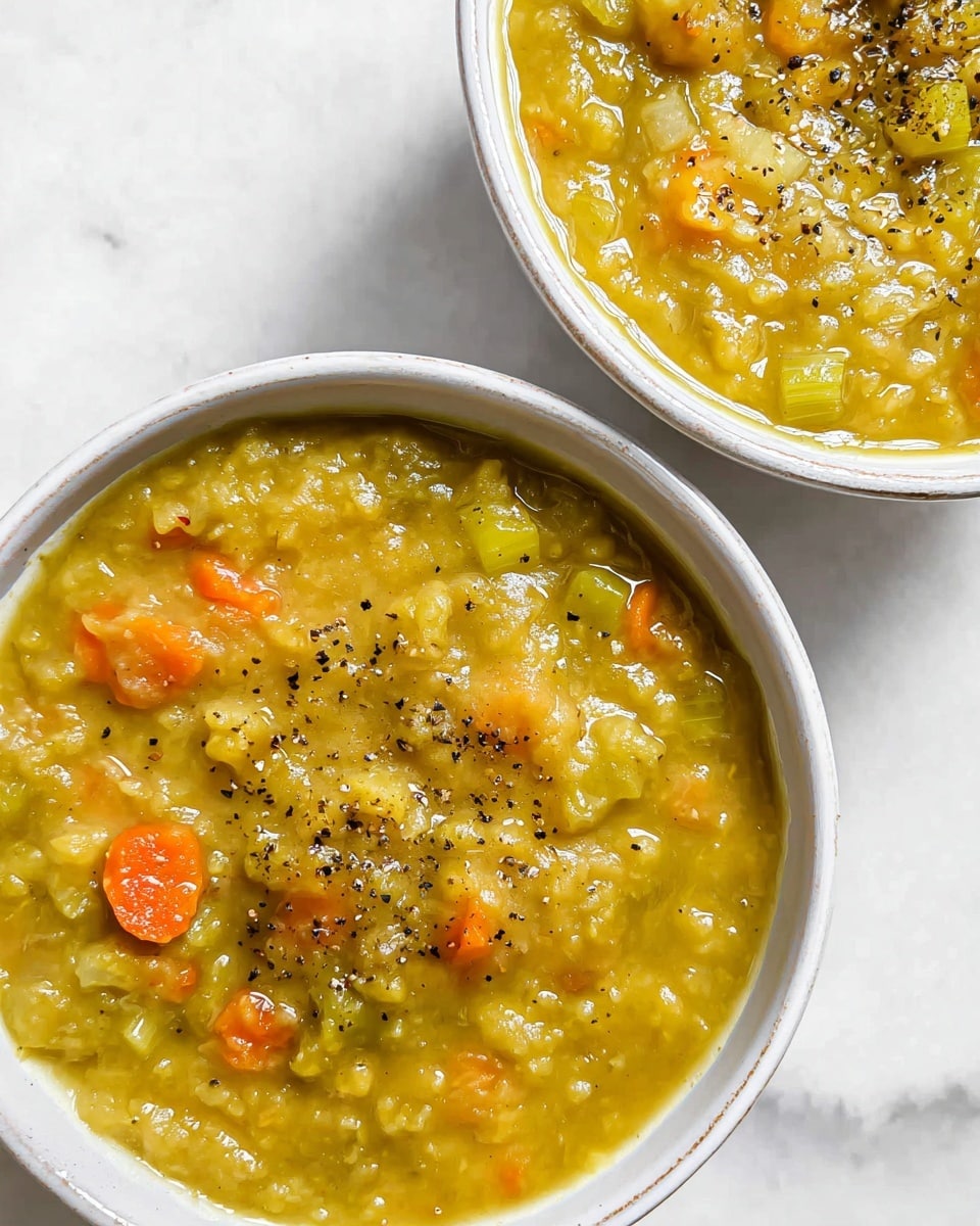 A bowl filled with thick yellow lentil soup that has a creamy texture, showing soft chunks of orange carrots, light green celery pieces, and translucent bits of onion mixed evenly throughout. The soup is topped with a sprinkle of coarse black pepper, adding a speckled contrast on the glossy surface. The bowl is white with a light gray rim and sits on a white marbled surface. Photo taken with an iphone --ar 4:5 --v 7