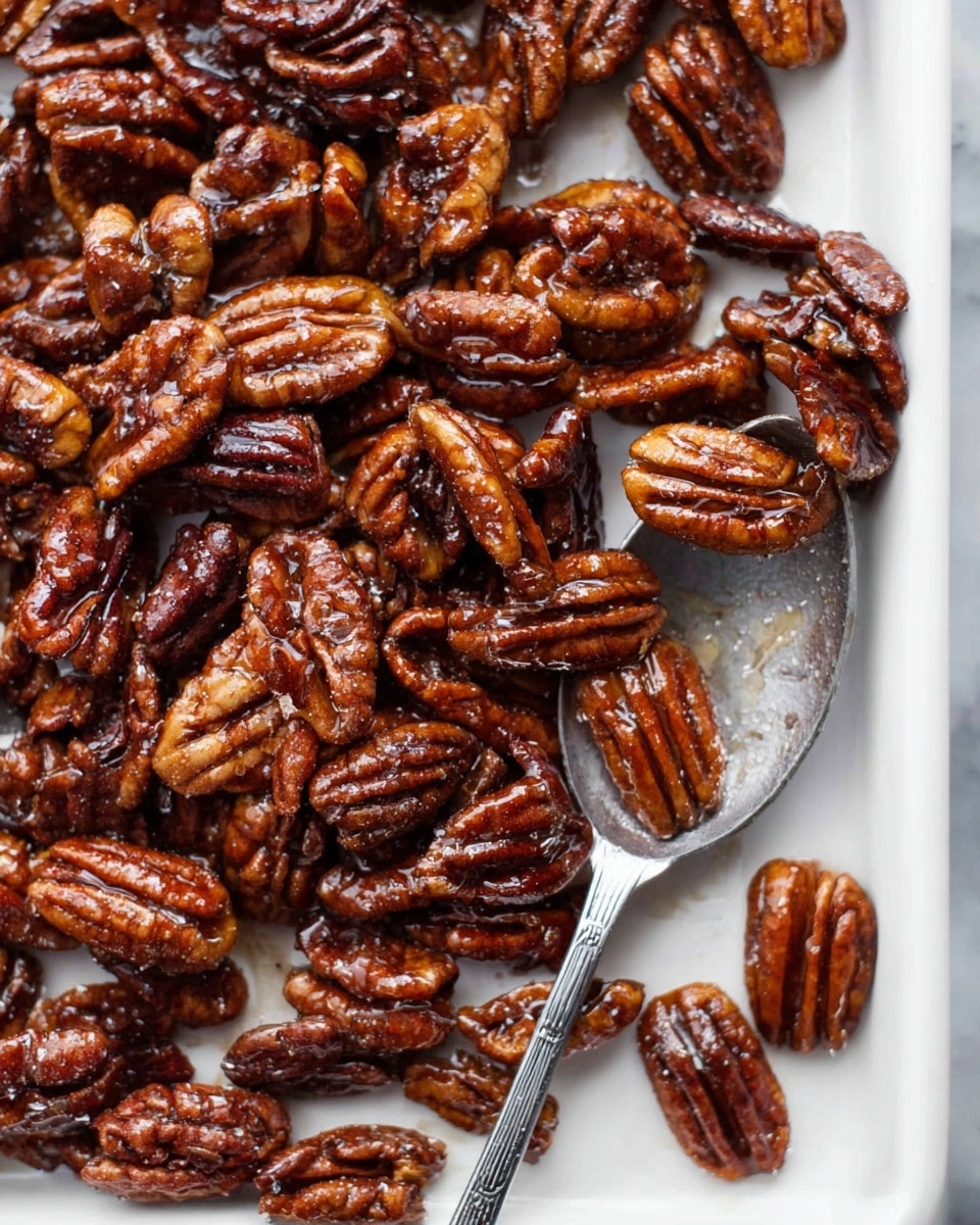 A clear glass jar filled with two layers of glazed pecans, the top layer showing shiny, dark brown nuts with textured ridges and a slightly sticky surface. Around the jar, a few loose pecans lie on a soft white cloth placed on a white marbled surface. In the blurred background, a white tray with more pecans is partially visible, adding depth to the image. Photo taken with an iphone --ar 4:5 --v 7