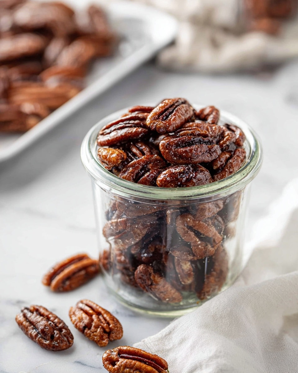 A close-up of a white tray filled with many glossy, caramel-coated pecans that have a rich dark brown color and a sticky texture, some nuts are clustered while others are loose, with a silver spoon placed diagonally among them, scooping a small pile of pecans, all set on a white marbled surface photo taken with an iphone --ar 4:5 --v 7