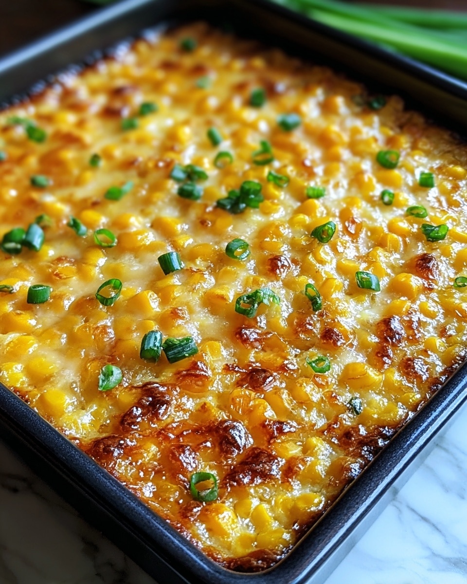 A close-up of a baked corn casserole in a black square baking dish set on a white marbled surface, showing one thick layer of golden corn kernels mixed with melted cheese and small green onion pieces scattered on top, with parts of the corn slightly browned and caramelized, creating a shiny and inviting texture across the dish, photo taken with an iphone --ar 4:5 --v 7