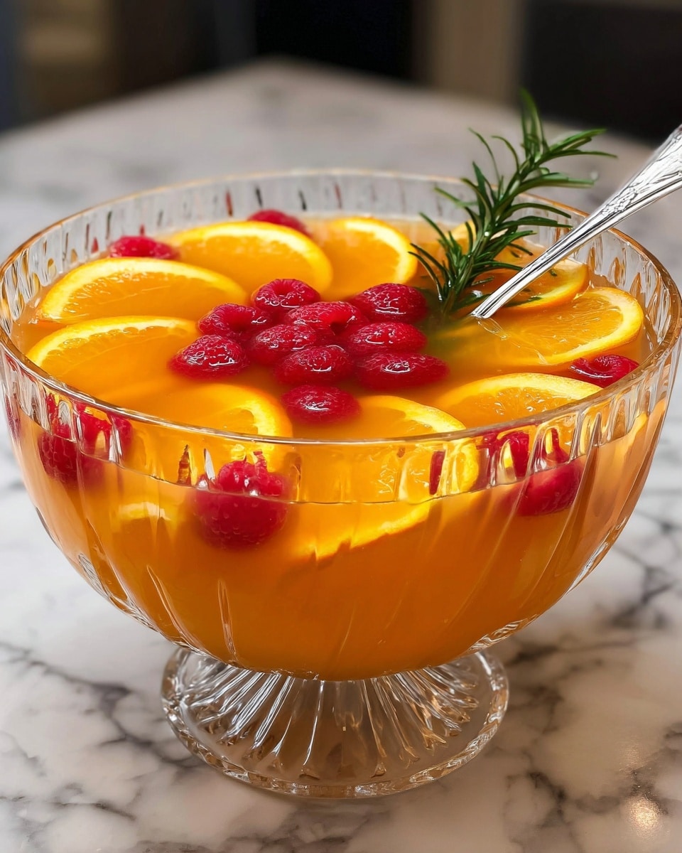 A clear glass bowl with a scalloped edge is filled with a bright orange liquid. The punch contains layers of thin orange slices pressed against the sides all around the bowl, bright red raspberries floating near the top and throughout, and a few thin orange slices floating on the surface. A green rosemary sprig lies on top of the liquid, adding a touch of green in the mix. A silver spoon with a decorative handle is resting inside the bowl. The bowl is placed on a smooth white marbled surface. Photo taken with an iphone --ar 4:5 --v 7