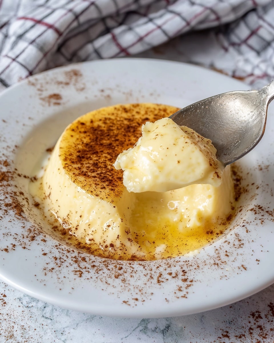 A glass baking dish holds a baked custard dessert with a golden-brown top layer sprinkled with light brown specks of spice, appearing soft and creamy underneath. The custard has two visible layers: a top firm crust that is a warm golden color with a slightly rough texture, and a thick, smooth, pale yellow creamy base beneath. A wooden spoon, held by a person's fingers, lifts a large scoop of the soft creamy custard, showing its rich, smooth texture and some sprinkled spice on it. The dish is placed on a white marbled surface with a gray cloth in the background. Photo taken with an iphone --ar 4:5 --v 7