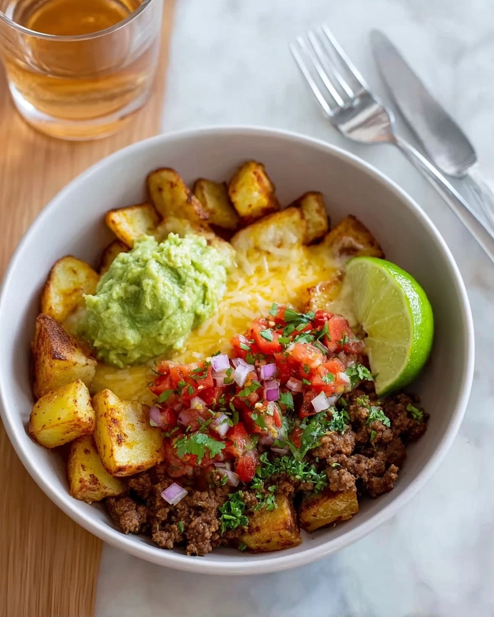 A white bowl filled with three distinct layers: at the bottom, golden-brown crispy cubed potatoes spread evenly; in the middle, a layer of browned ground meat with melted yellow cheese drizzled above it; on top, a thick scoop of bright green guacamole and a colorful mix of diced red tomatoes, purple onions, and chopped green herbs. A fresh lime wedge is placed on the side inside the bowl. The bowl sits on a white marbled surface with a silver fork and a glass with amber-colored drink and an ice ball nearby. photo taken with an iphone --ar 4:5 --v 7