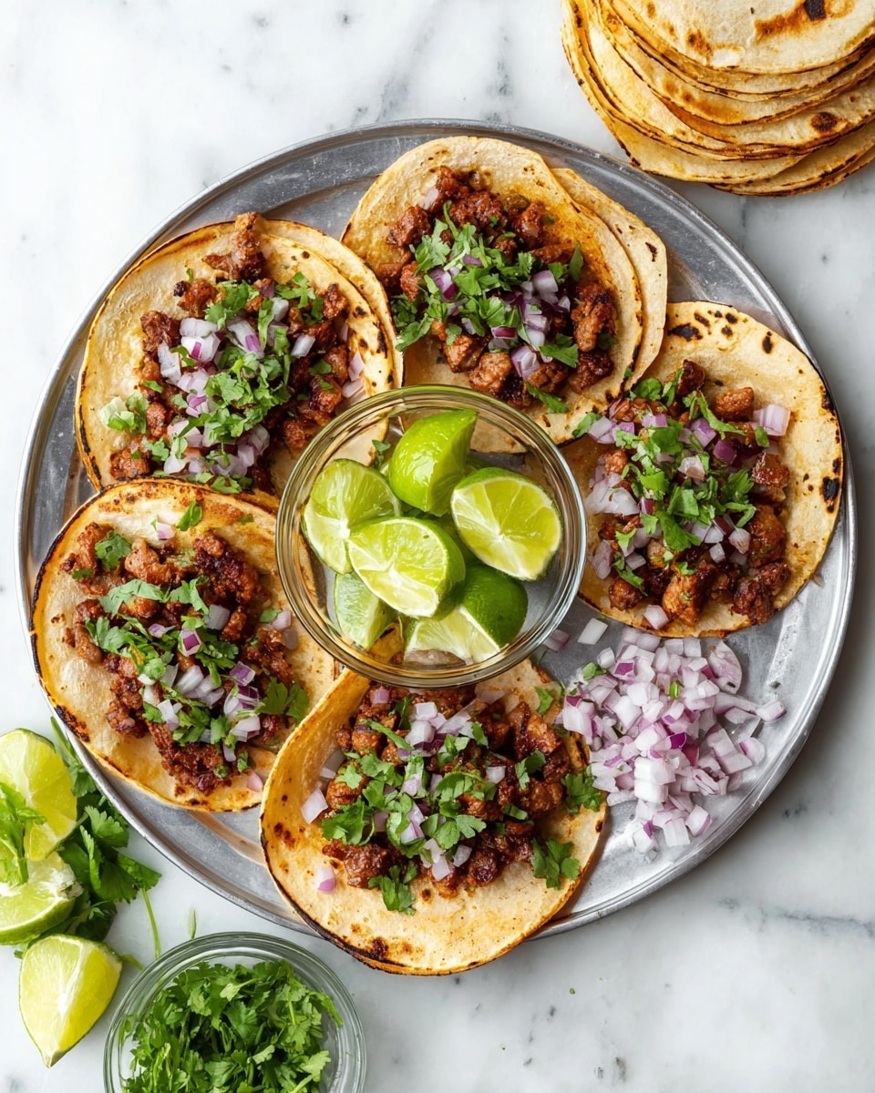 Three tacos are arranged close together on a white marbled surface, each with two layers of slightly charred light yellow corn tortillas forming the base. Inside, there is a layer of browned, grilled meat pieces with a juicy texture, topped with chopped purple and white onions and bright green fresh cilantro leaves scattered on top. The colors contrast vividly between the warm golden tortillas, rich brown meat, and fresh green and purple toppings. The overall look is fresh and appetizing, with a home-cooked feel. photo taken with an iphone --ar 4:5 --v 7