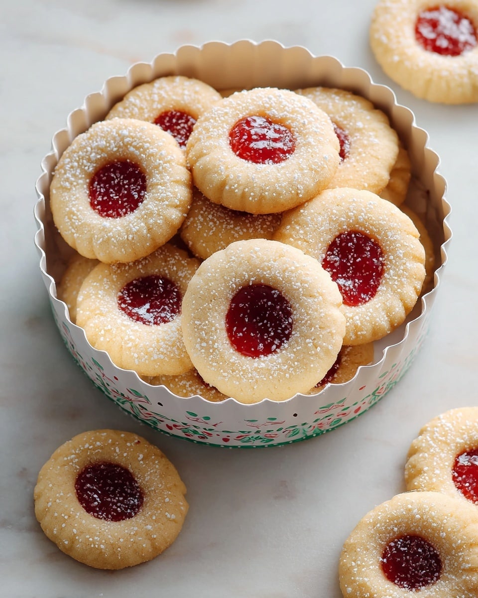 A white scalloped round tray holds about a dozen thumbprint cookies stacked with some overlapping. Each cookie is a pale golden color with a soft texture and a central red jam-filled indentation. The jam is glossy and bright, almost ruby red, creating a contrast with the light cookie dough. A light dusting of powdered sugar covers the top of the cookies, giving a fine white powder effect. The tray is placed on a white marbled surface, and in the background, there is a matching white scalloped tray with red and white polka dots showing more cookies. Photo taken with an iphone --ar 4:5 --v 7