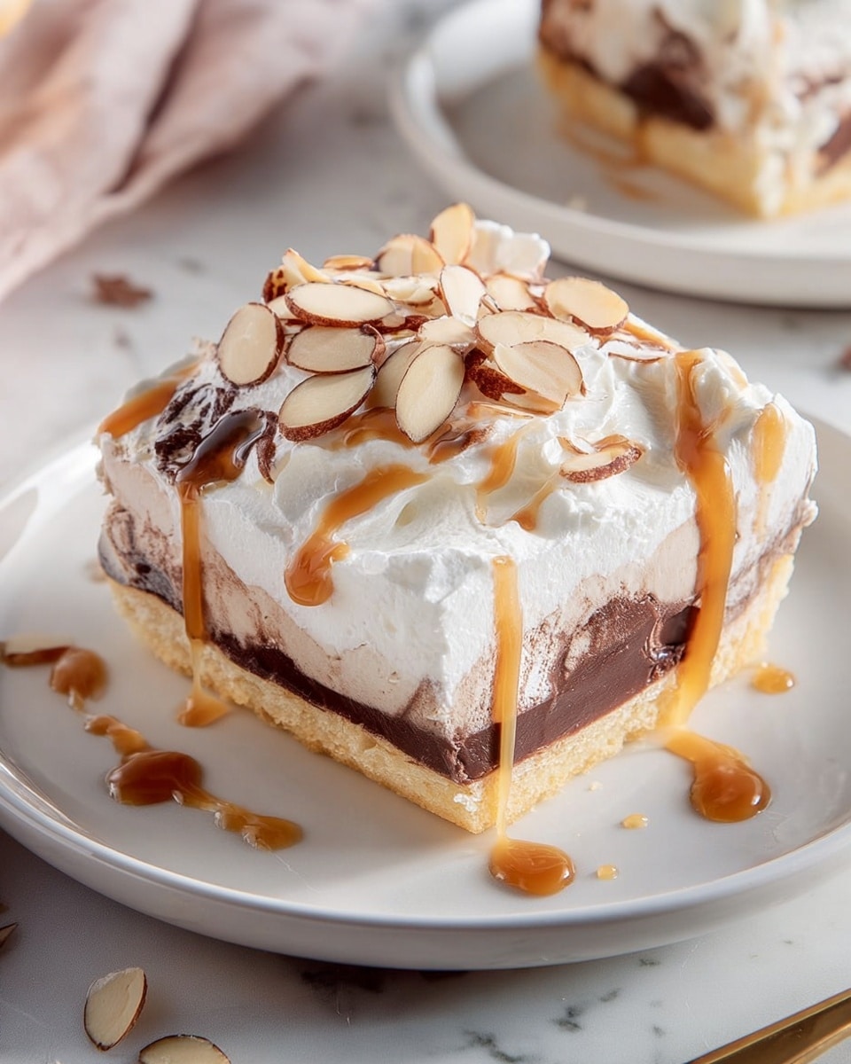 The dish is a rectangular layered dessert in a clear glass baking dish, placed on a white marbled surface with a dark purple cloth to the side. The bottom layer is a light golden brown crust that looks firm and slightly crumbly. On top of the crust is a thick, smooth white layer of whipped cream or frosting, spread evenly. Drizzled over the white layer are alternating thin lines of dark brown chocolate sauce and caramel sauce, creating a striped pattern. Sprinkled on top are small almond slices, adding texture and contrast to the smooth sauces and cream. Photo taken with an iphone --ar 4:5 --v 7