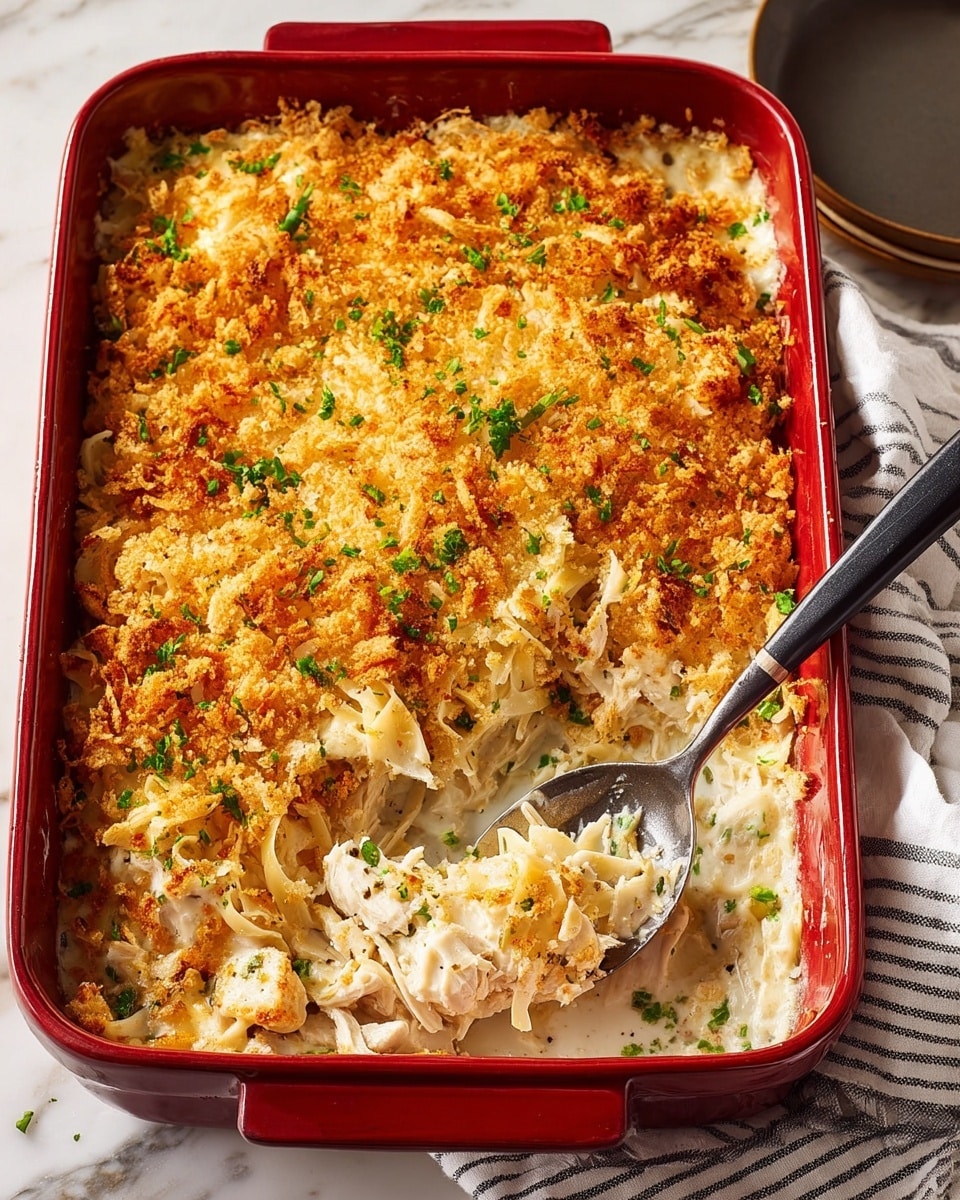 A baked casserole in a red rectangular dish with three clear layers: the bottom layer is creamy white sauce mixed with cooked white chicken pieces, the middle layer has pale golden-brown cooked thin noodles or shredded potatoes, and the top layer is a thick, crunchy, bright golden-orange crumb topping with small green herb sprinkles. A large silver spoon with a black handle rests inside the dish, scooping some casserole, showing the layers clearly. The dish sits on a white marbled surface with a white cloth napkin with thin black stripes on the right side. Photo taken with an iphone --ar 4:5 --v 7