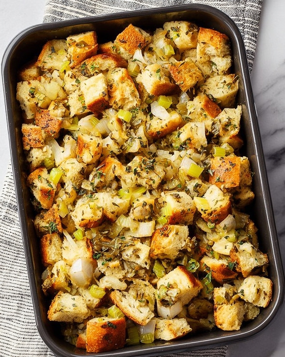 The image shows a rectangular black baking dish filled with a mixture of golden-brown toasted bread cubes mixed with chopped celery and cooked oyster mushrooms. The bread cubes have a crispy texture with a light green herb seasoning visible on the surface. The celery pieces are bright green and slightly translucent, while the oyster mushrooms have a soft, beige, and light brown color. The dish is placed on a white marbled textured surface with a cloth underneath that has gray and purple stripes. Photo taken with an iphone --ar 4:5 --v 7