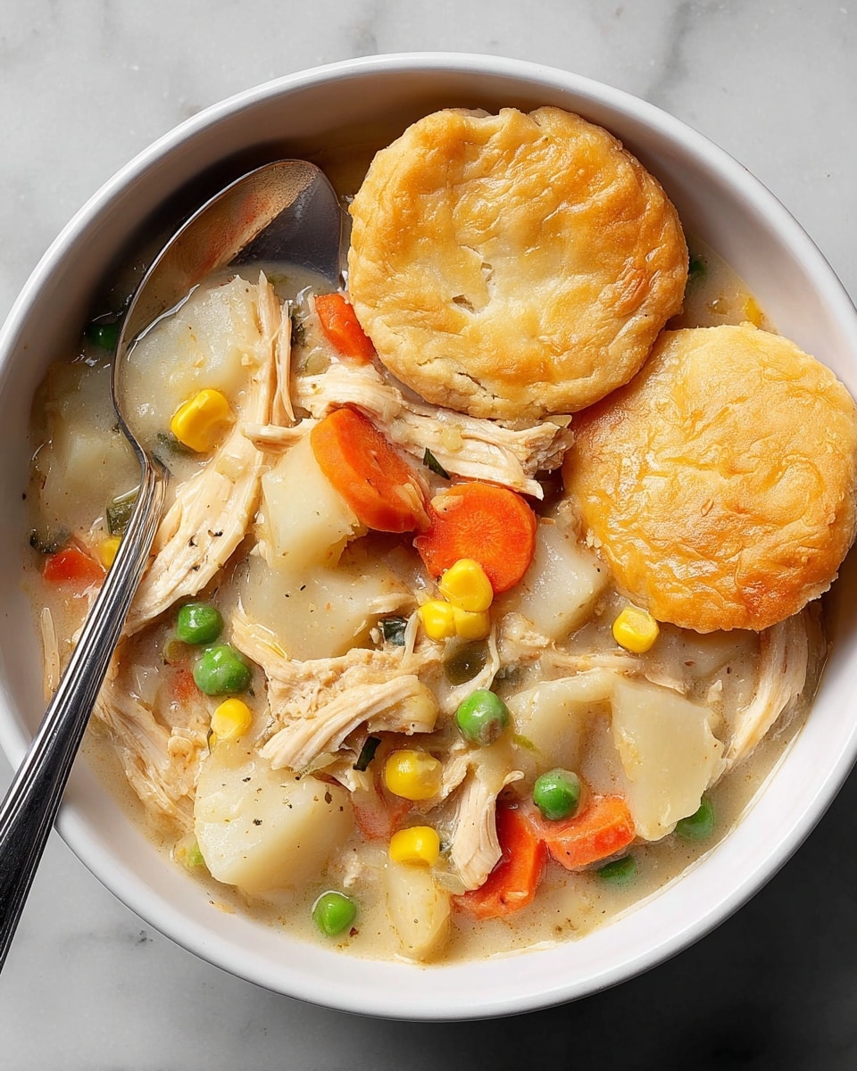 A white bowl filled with a thick chicken pot pie stew showing four main layers: a broken golden-brown crust piece resting on top, below it a creamy beige sauce surrounds shredded white chicken pieces, bright orange carrot slices, pale yellow potato chunks, green peas, and yellow corn kernels, all mixed together. A silver spoon is placed resting inside the bowl on the upper left side. The bowl is set on a white marbled surface. photo taken with an iphone --ar 4:5 --v 7