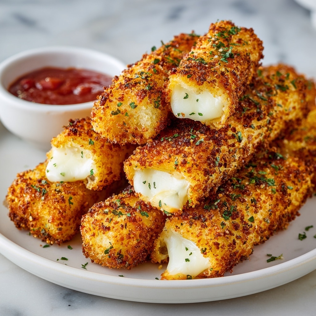 The image shows a white plate filled with about six golden-brown crispy cheese sticks. Each stick is coated with a crunchy breadcrumb layer mixed with small green herbs. The cheese sticks are stacked in a slightly messy pile, revealing the smooth, white melted cheese inside at the ends. In the blurred background, there is a small white bowl with a red dipping sauce. The scene is set on a white marbled surface. photo taken with an iphone --ar 4:5 --v 7