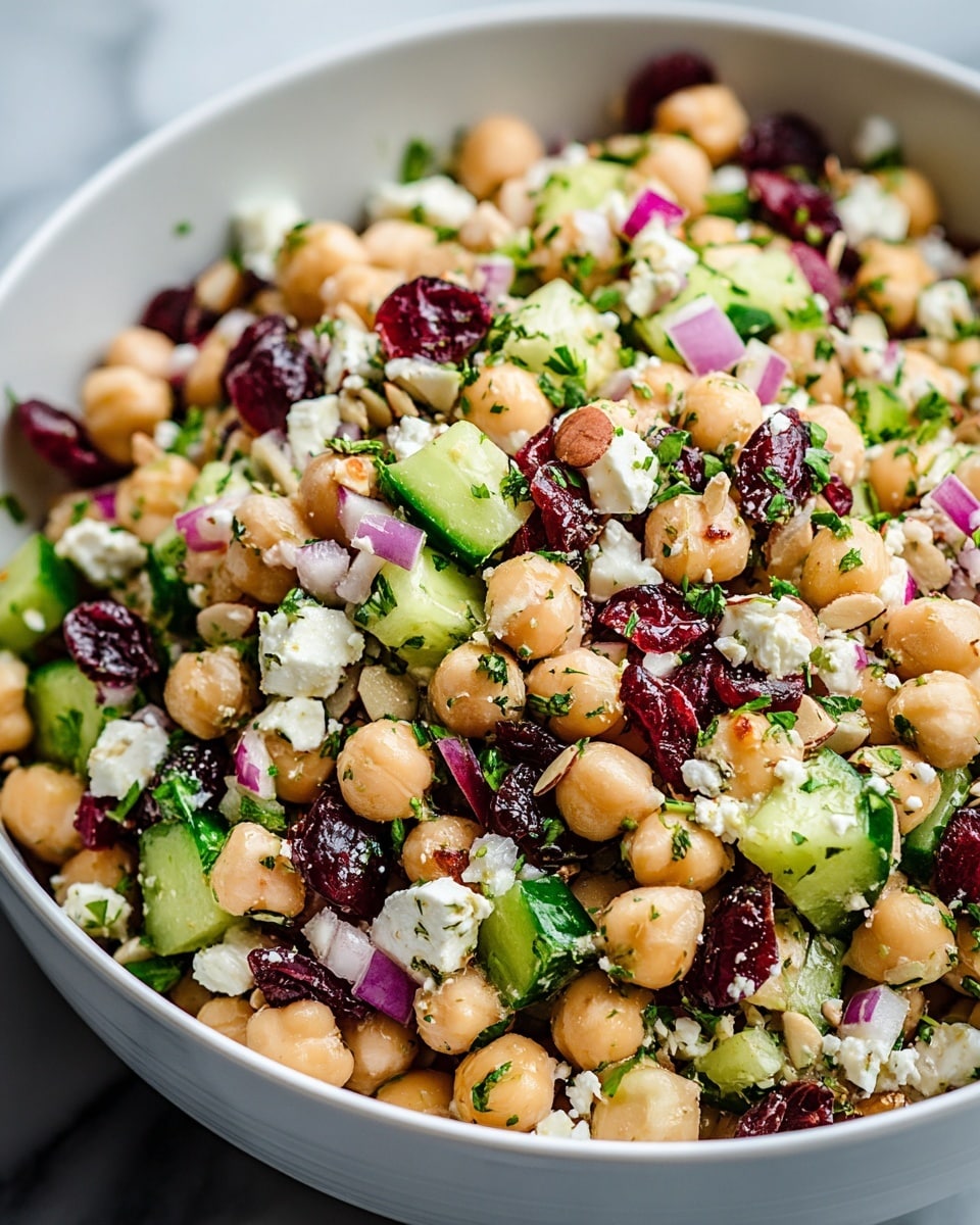 A close-up view of a white bowl filled with a colorful chickpea salad, showing layers of light beige chickpeas, dark red dried cranberries, small white cubes of feta cheese, and bright green chopped cucumber. Scattered throughout are small pieces of purple onion and chopped green herbs, adding texture and freshness. The mixture appears lightly tossed, with some bits of almond flakes visible. The bowl rests on a white marbled surface, giving a clean and bright background, photo taken with an iphone --ar 4:5 --v 7