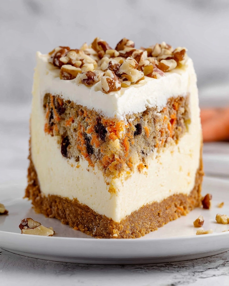 A thick slice of carrot cake cheesecake sits on a white plate, showing three distinct layers: the bottom layer is a creamy cheesecake base in a smooth white color, the middle layer is a moist carrot cake with visible dark walnuts and orange carrot flecks, and the top layer is a smooth white cream cheese frosting garnished with a generous sprinkle of chopped walnuts. The edges reveal a soft, crumbly texture on the carrot cake layer with bits of nuts, while the frosting has a silky, thick finish. The plate rests on a white marbled texture surface. photo taken with an iphone --ar 4:5 --v 7