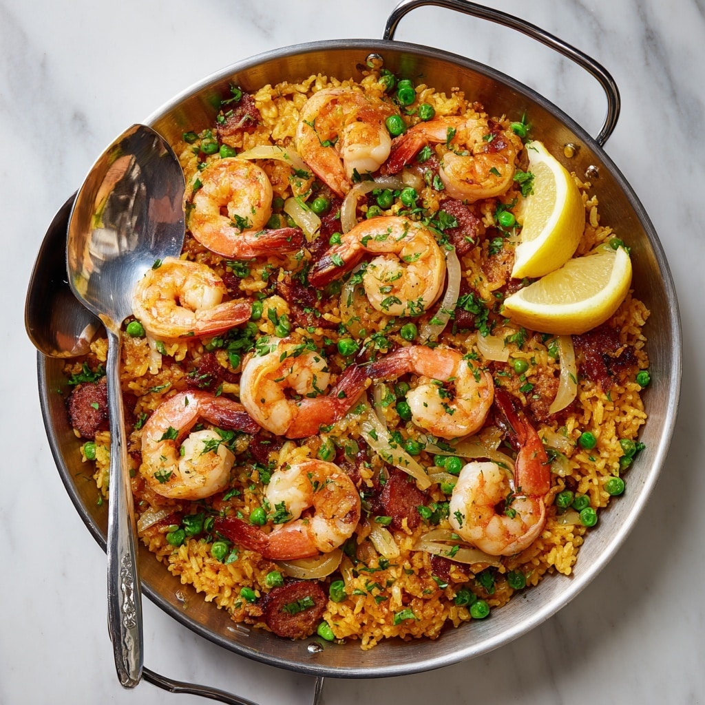 A round metal pan filled with one main layer of golden-orange cooked rice mixed with green peas and slices of translucent sautéed onions. On top, there is a generous spread of pinkish-orange cooked shrimp, some whole and some curled, along with browned slices of sausage scattered evenly. Small green parsley leaves are sprinkled across the dish, adding a fresh touch. Two lemon wedges rest on the side inside the pan. A silver spoon sits on the rice near the left edge, while a white marbled surface is beneath the pan. Photo taken with an iphone --ar 4:5 --v 7