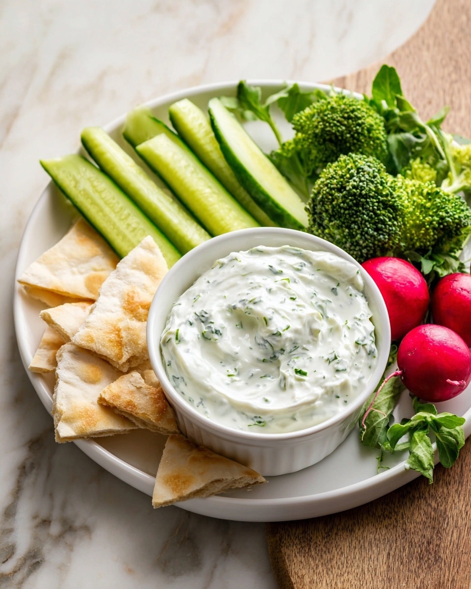 A white plate with several fresh green celery sticks and bright green cucumber slices arranged around a small round wooden bowl filled with white creamy dip that has small green herb bits mixed in. Next to the vegetables are halved red radishes showing their white insides with green tops. A woman's hand is dipping a piece of soft, light brown flatbread with some charred spots on it into the creamy dip. The plate is placed on a white marbled surface. photo taken with an iphone --ar 4:5 --v 7