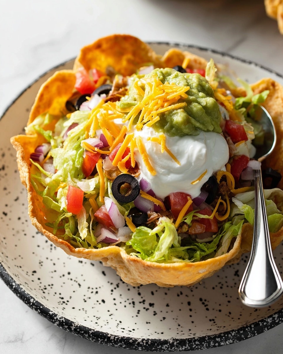 The image shows a crispy, golden-brown taco bowl with visible folds and a light toasted texture, placed on a black speckled plate on a white marbled surface. Inside the taco bowl, there is a layer of shredded lettuce with a fresh green color, topped with diced red tomatoes, chopped red onions, and sliced black olives. Above this colorful mix, there is a layer of shredded meat, which is mostly hidden but adds depth. On top of the meat sits a generous dollop of sour cream, which is creamy white and smooth, with a scoop of chunky, light green guacamole placed on it. Bright yellow shredded cheddar cheese is scattered atop the guacamole and sour cream, adding contrast to the dish. In the background, part of another taco bowl on a similar plate is visible, alongside a striped, multicolored cloth. The image is sharp, bright, and inviting, photo taken with an iphone --ar 4:5 --v 7