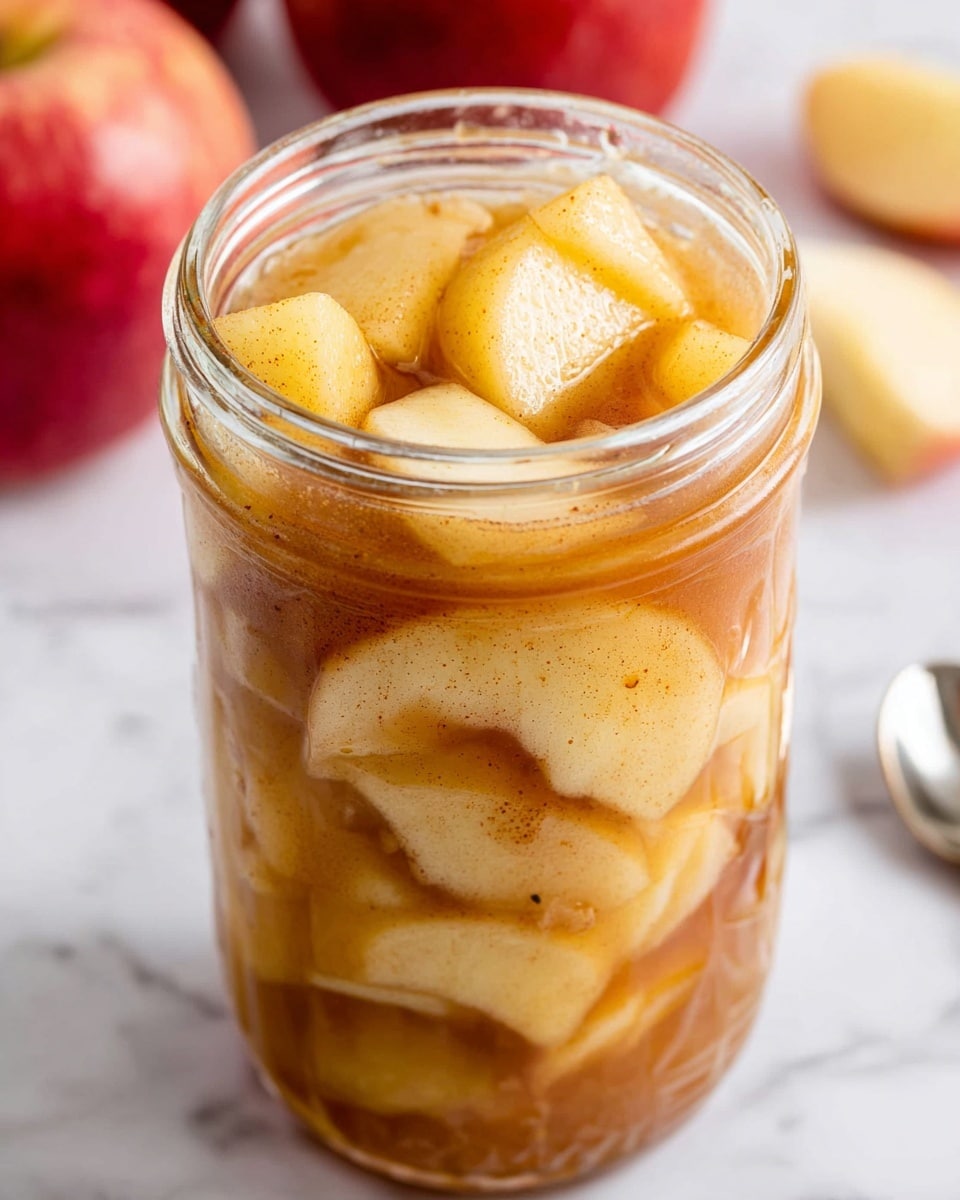 A close-up view of a clear glass jar filled with layers of light golden apple slices covered in a glossy, amber-colored cinnamon syrup with visible specks of cinnamon throughout. The apple slices are thick and softly textured, floating and stacked inside the jar. The jar is open, showing the syrup dripping slightly on the rim. The background features a white marbled texture and out-of-focus red apples. The bottom edge shows part of a white cloth with simple black and yellow patterns. Photo taken with an iphone --ar 4:5 --v 7